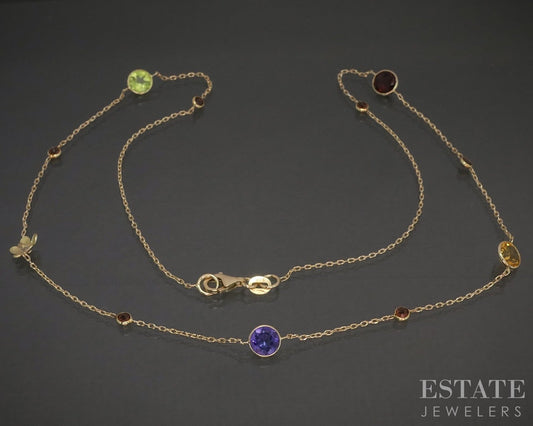 14k Yellow Gold Natural Multi Gem Flower Station Necklace 3.6g 19"L p27272