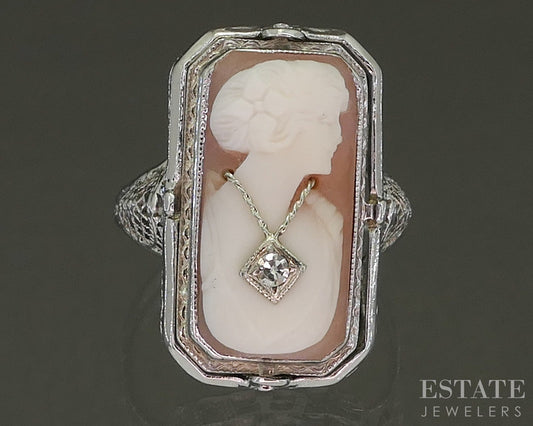 Antique 14k White Gold Cameo Onyx & Diamond Reversible Ring 4.9g p25577b