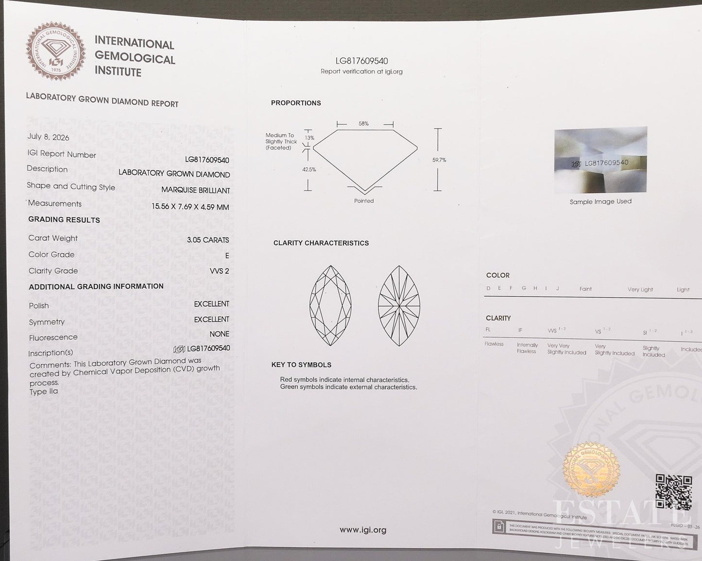 Loose 3.05ct Marquise Cut IGI Certified Lab Created Diamond VVS2/E p29581