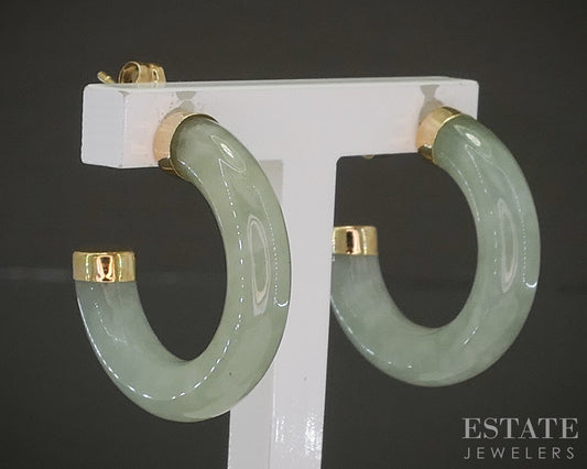 14k Yellow Gold Carved Natural Green Jade Hoop Ladies Earrings 3.1g p25266b