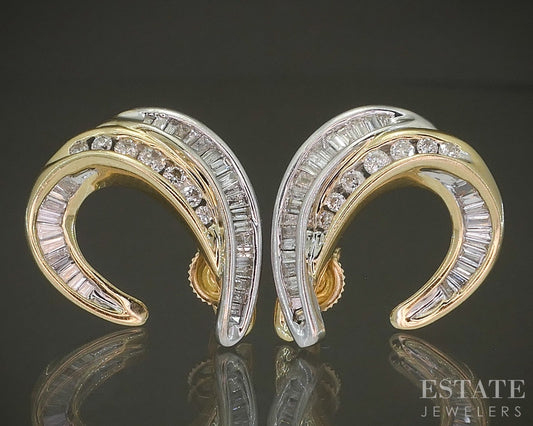 14k Two Tone Gold Natural .50ctw Diamond Sideways Hoop Earrings 6.5g p27575b