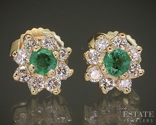 14k Yellow Gold Natural Emerald & Diamond Cluster Halo Stud Earrings p24629b