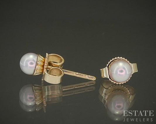 14k Yellow Gold 4mm Akoya Pearl Stud Ladies Earrings p27418b