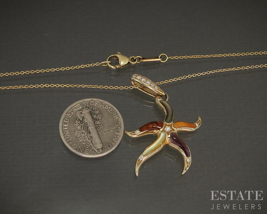 14k Yellow Gold Kabana Multi Gem & Diamond Starfish Necklace 4.9g 18"L p26737