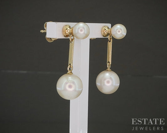Vintage 14k Yellow Gold 2.8-5mm Akoya Pearl Mikimoto Dangle Earrings p27278