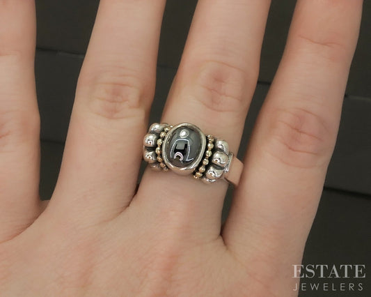 18k & Sterling Lagos Caviar Natural Hematite Ladies Ring 8.5g p27824