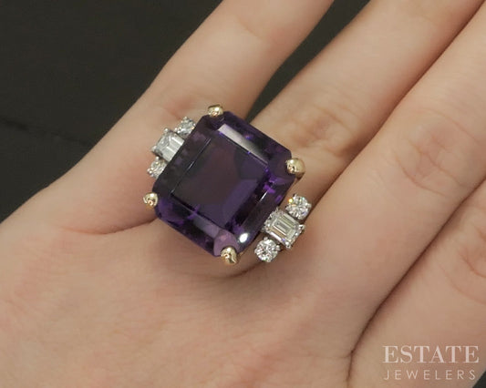 14k Yellow Gold 24ct Natural Amethyst & Diamond Cocktail Ring 14.2g p24584