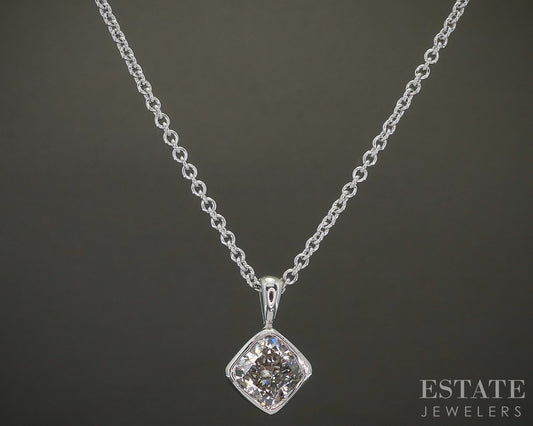 14k White Gold Cushion Lab Created 1.7ct Diamond Solitaire Necklace 18"L p27691b