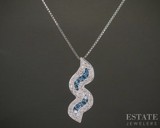 14k White Gold Natural .35ctw Blue & White Diamond Ladies Necklace 5.6g p27885b