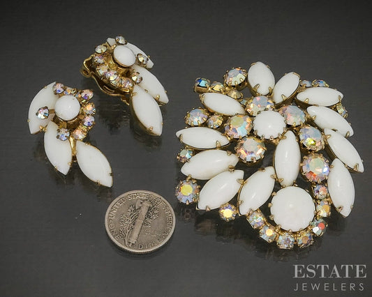 Vintage WEISS Milk White & Mystic Stone Juliana Pin Brooch & Earrings p29544