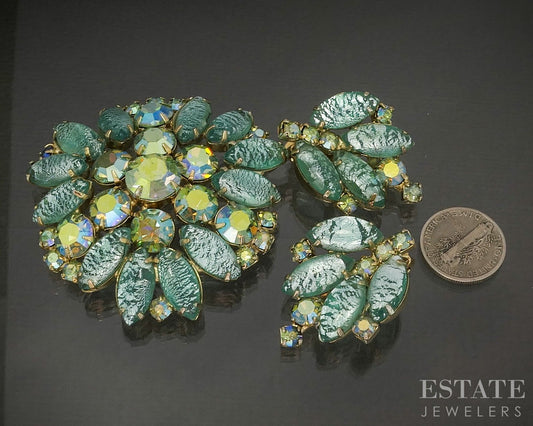 Vintage Green Foil & Mystic Stone Juliana Pin Brooch & Earrings p29547