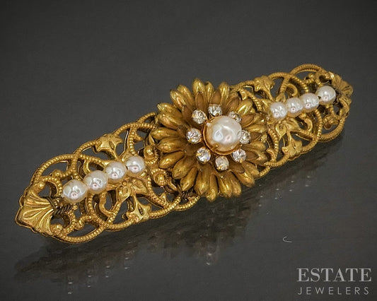 Vintage Gold Tone Miram Haskell Faux Pearl & Rhinestone Flower Pin Brooch p29863