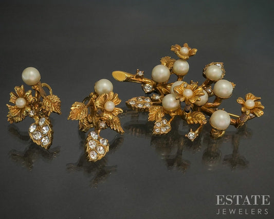 Vintage Hattie Carnegie Pearl & Rhinestone Trembler Pin Brooch & Earrings p29545