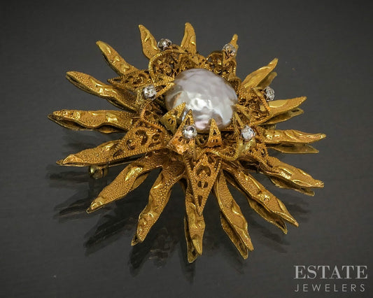 Vintage Gold Tone Miram Haskell Pearl & Rhinestone Starburst Pin Brooch p29555