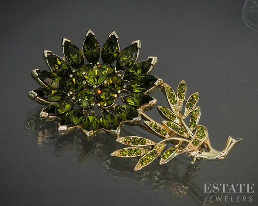 Vintage Gold Tone WEISS Green Rhinestone Flower Juliana Pin Brooch p29551