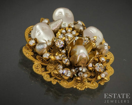 Vintage Gold Tone Miram Haskell Pearl & Rhinestone Flower Pin Brooch p29557