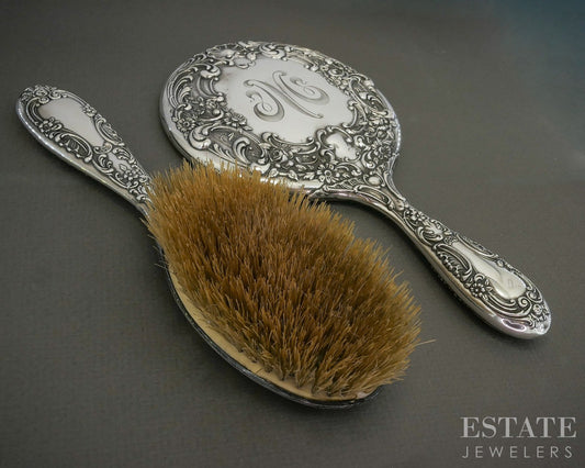 Antique Art Nouveau Sterling Gorham Repousse Hair Brush & Hand Mirror p24700