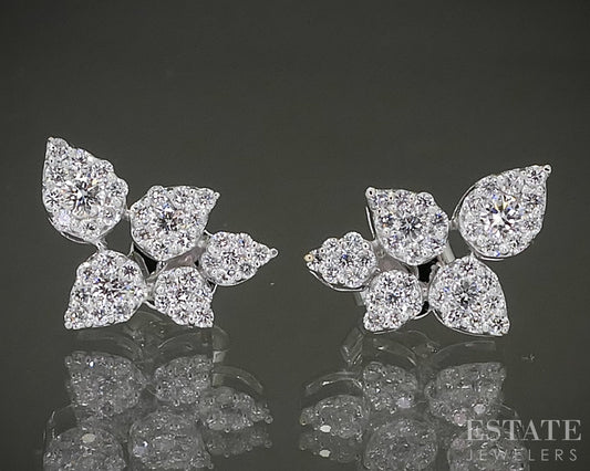 14k White Gold Lab Created .57ctw Diamond Cluster Stud Leaf Earrings p26782