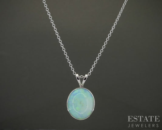 14k White Gold Oval 4.20ct Natural Opal Ladies Necklace 3.5g 16"L p31112