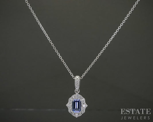 14k White Gold Emerald Cut Natural Tanzanite & Diamond Necklace 2.9g 18"L p31122