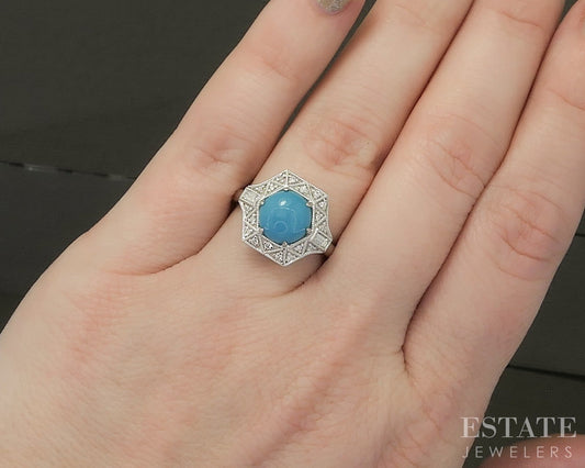 14k White Gold 1.64ct Natural Turquoise & Diamond Ladies Ring 4.7g p31039