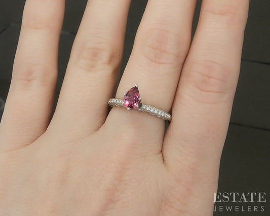 14k White Gold Pear Natural Pink Tourmaline & Diamond Ring 3.5g p31127