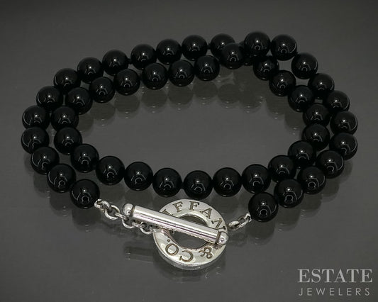 Sterling Tiffany & Co. 8mm Natural Black Onyx Beaded Toggle Necklace 17"L p30219