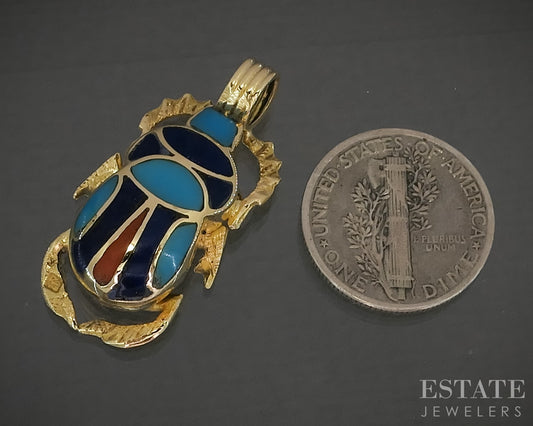 Vintage 18k Yellow Gold Egyptian Scarab Multi Gem Pendant 6.3g p29461