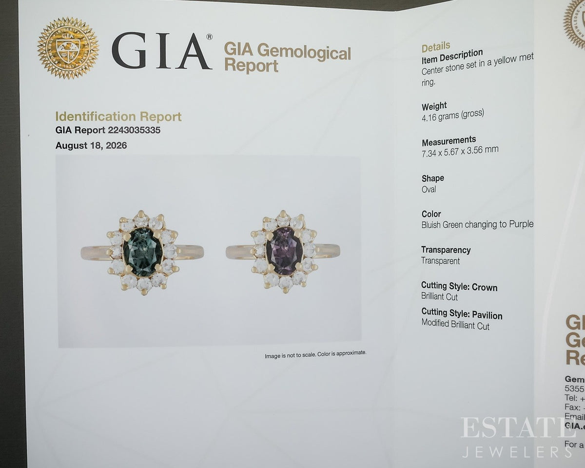 18k Yellow Gold Oval GIA Alexandrite & Diamond Halo Ladies Ring 4.1g p30089