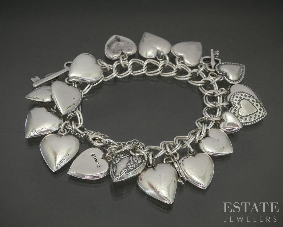 Vintage Sterling Silver Puffy Heart & Key Charm Bracelet 37.5g 6.5"L p31180