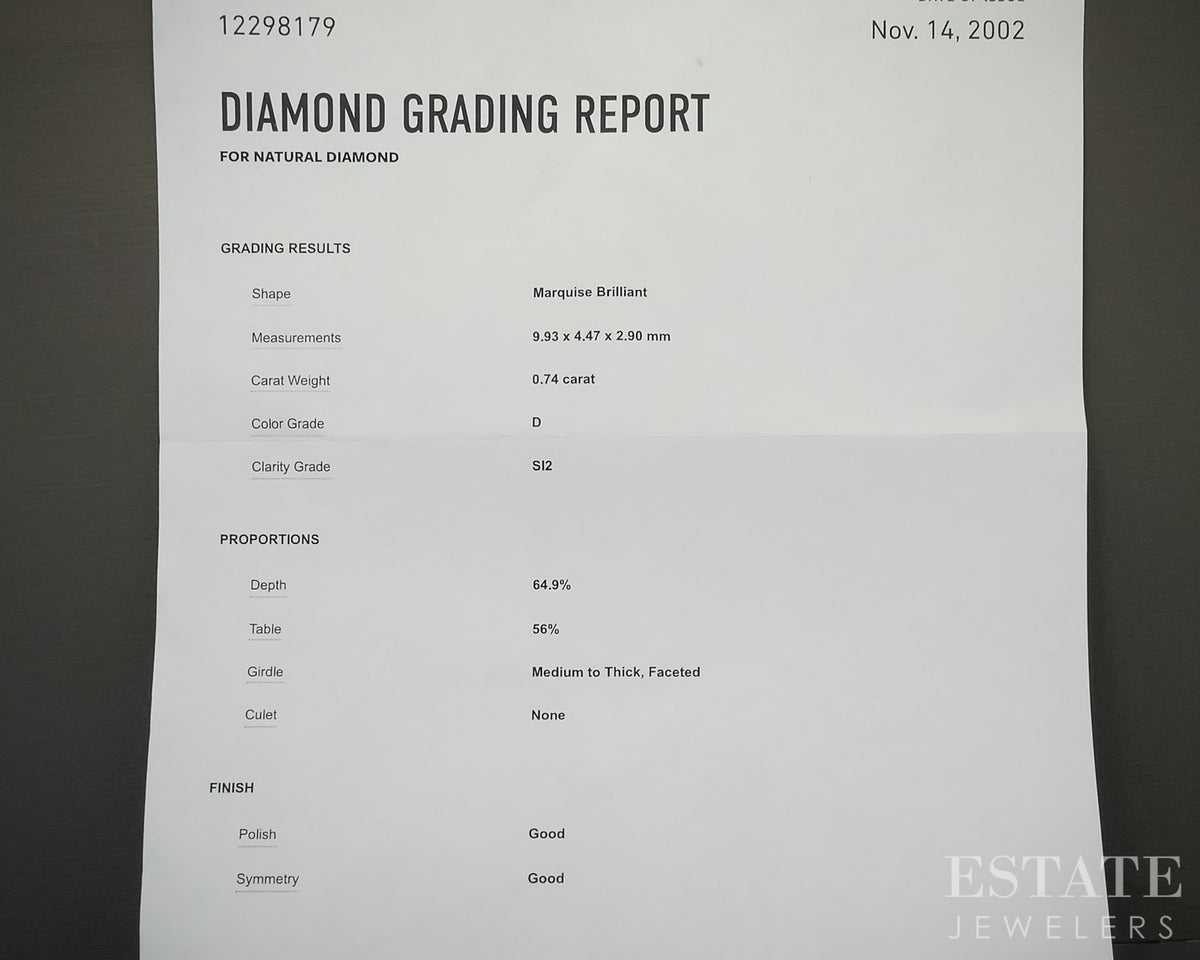 18k & Platinum Marquise GIA Natural .74ct Diamond Solitaire Ring p31497