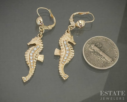 14k Yellow Gold Natural .12ctw Diamond Seahorse Dangle Earrings 5.8g p31395