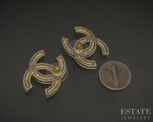 Chanel CC Logo Large Faux Pearl & Crystal Golden Pearly Stud Earrings p30838