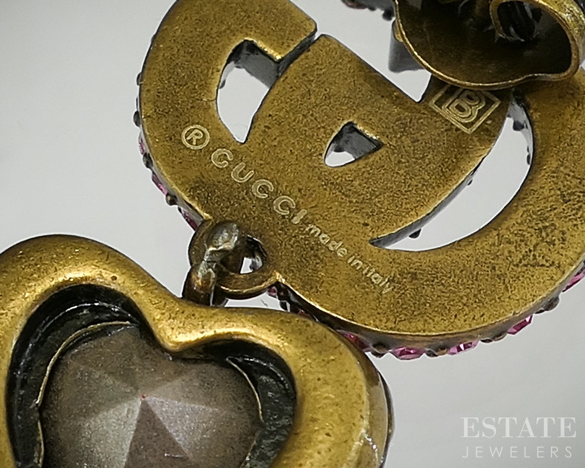 Vintage Gold Tone GUCCI Pink & Red Stone Heart Dangle Earrings p30178