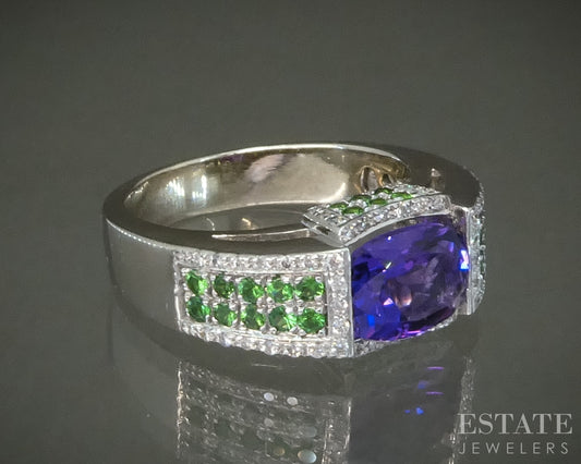 14k White Gold Natural Amethyst Tsavorite Garnet & Diamond Ring 8.6g p29532b