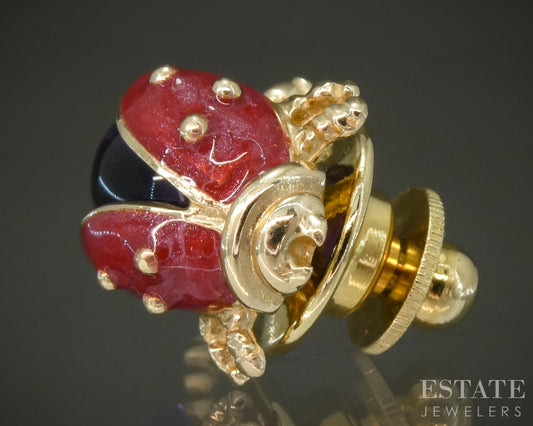 14k Yellow Gold EFFY Natural Amethyst Enameled Ladybug Pin 3.1g p30778