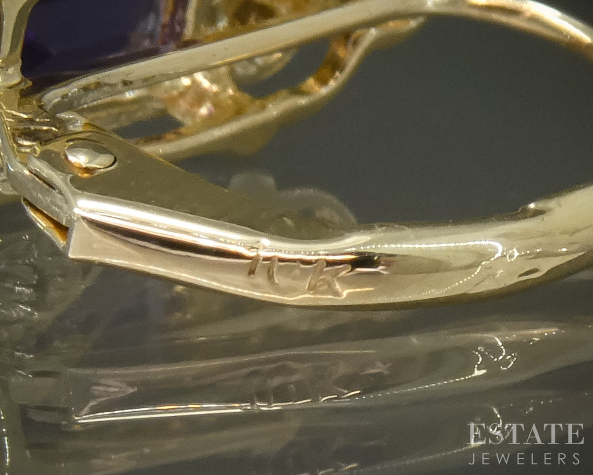 10k Yellow Gold Natural Amethyst & Diamond Lever Back Earrings 2.2g p28495