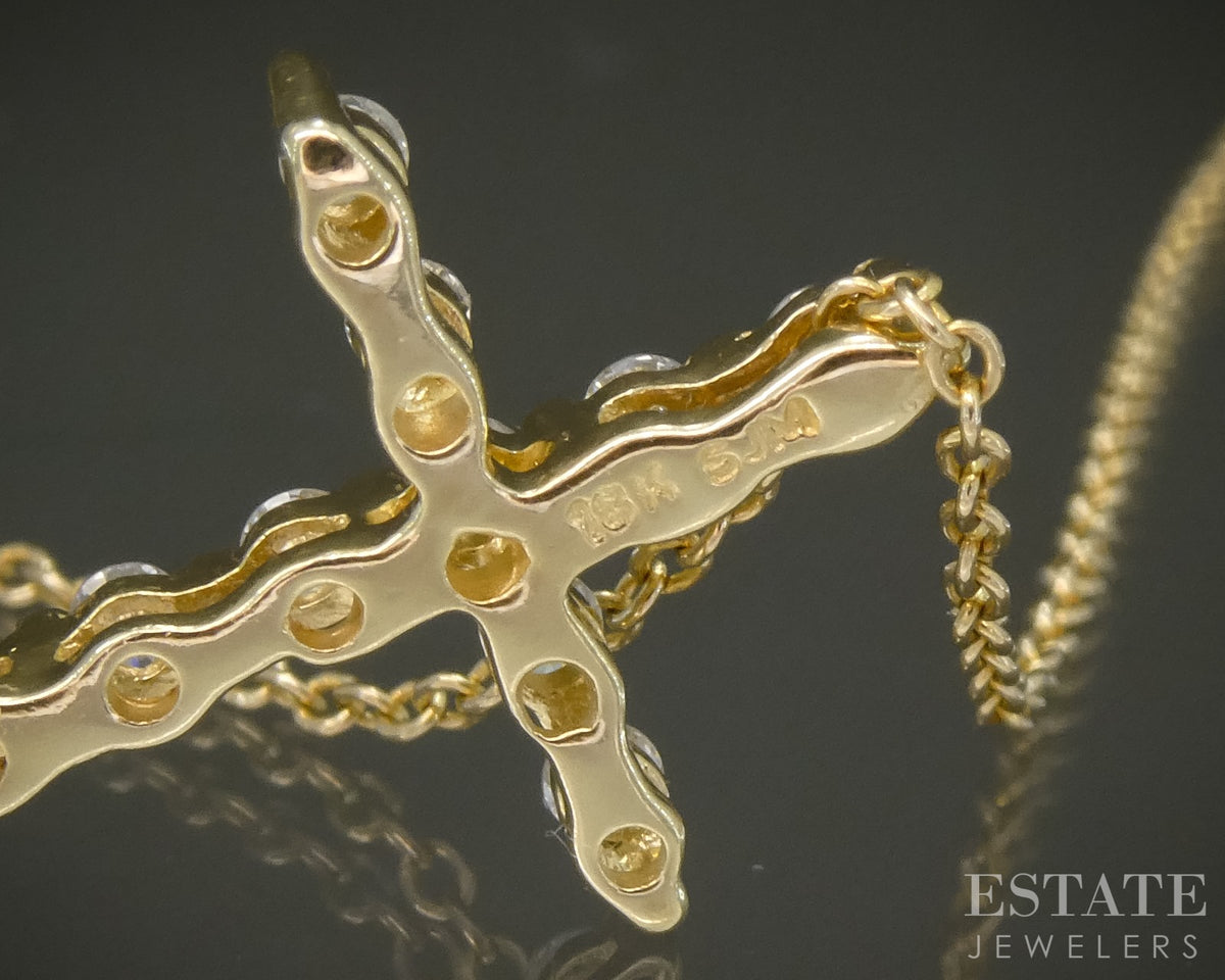 18k/14k Yellow Gold Natural .22ctw Diamond Cross Necklace 2.7g 18"L p28503
