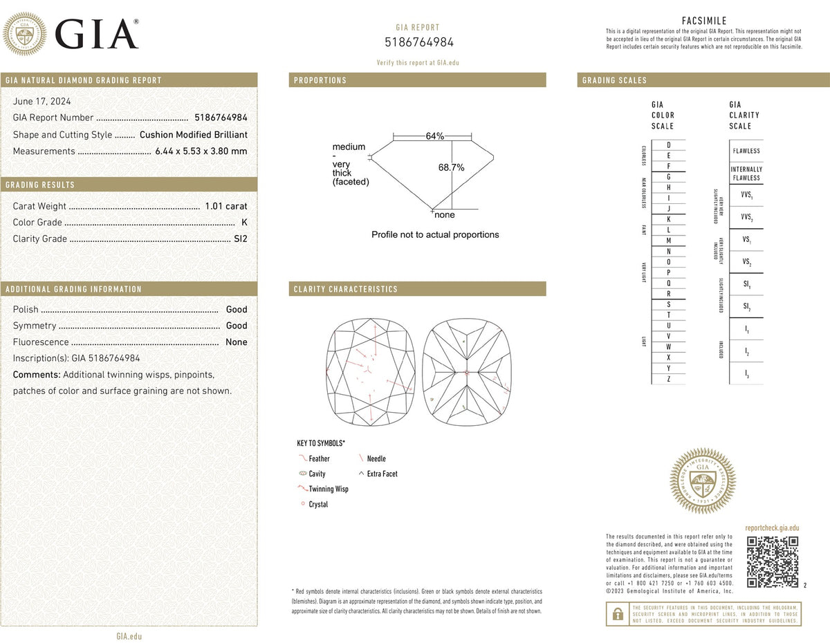 18k Yellow Gold GIA Cushion Natural 1.01ct Diamond Engagement Ring 4.1g p27930