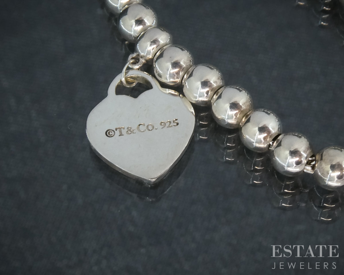 Sterling Tiffany & Co. Return Heart Charm Beaded Chain Bracelet 7.25"L p30515b