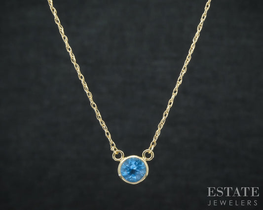 14k Yellow Gold Round Natural Blue Topaz Bezel Solitaire Necklace 18"L p30216b