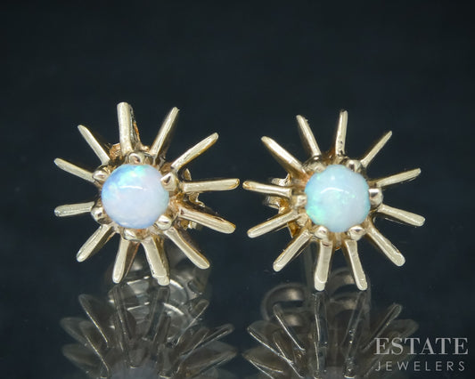 Vintage 9k Yellow Gold Natural Opal Starburst Stud Earrings 2g p31196