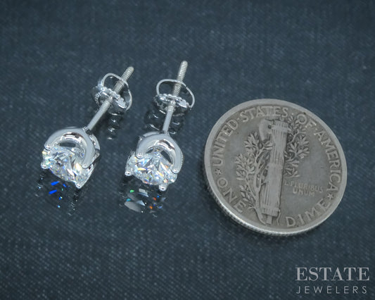 14k White Gold Round LEO Lab Created 1.50ctw Diamond Screw Back Earrings p30747