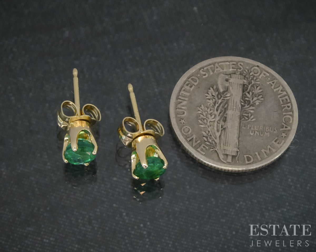 14k Yellow Gold 4mm Round Cut Natural Emerald Stud Earrings 1.0g p31392