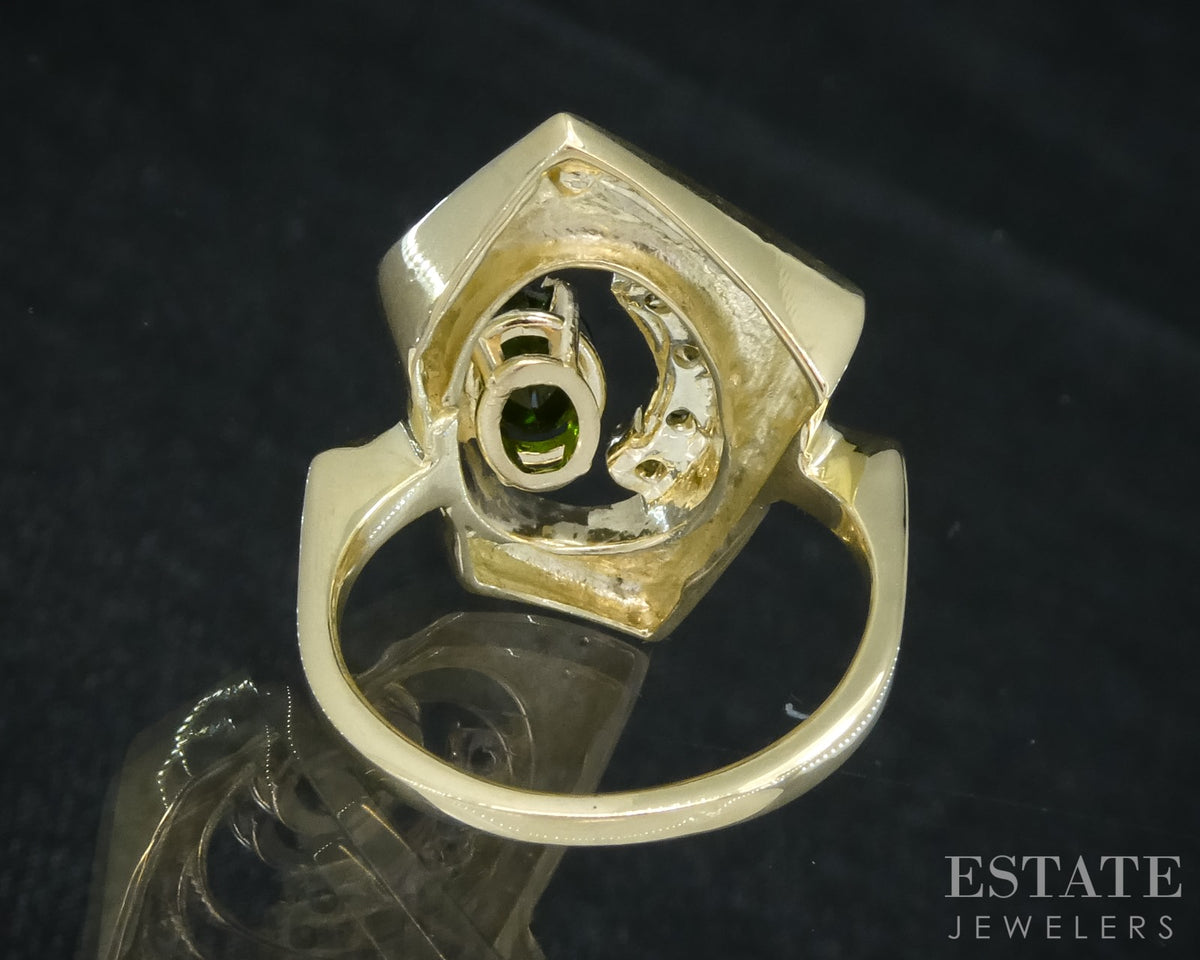 14k Yellow Gold Oval Natural Green Tourmaline & Blue Sapphire Ring 7g p27677