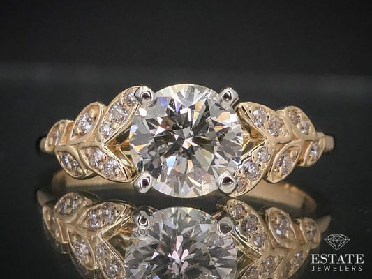 14k Yellow Gold Round Natural 1.01ct Diamond Leaf Engagement Ring i12457