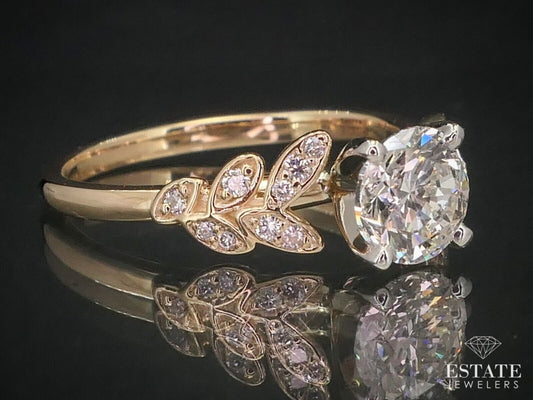 14k Yellow Gold Round Natural 1.01ct Diamond Leaf Engagement Ring i12457