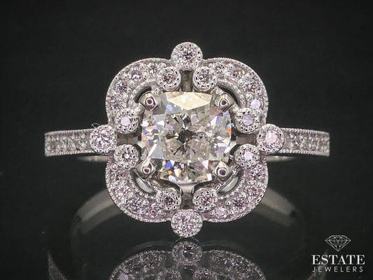 14k White Gold Cushion Cut 1.09ct Diamond Halo Engagement Ring 4.5g i12499