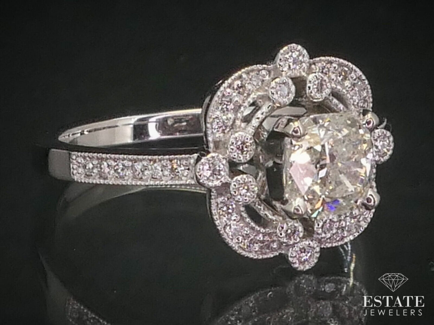 14k White Gold Cushion Cut 1.09ct Diamond Halo Engagement Ring 4.5g i12499