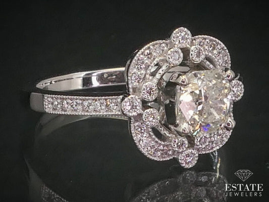 14k White Gold Cushion Cut 1.09ct Diamond Halo Engagement Ring 4.5g i12499